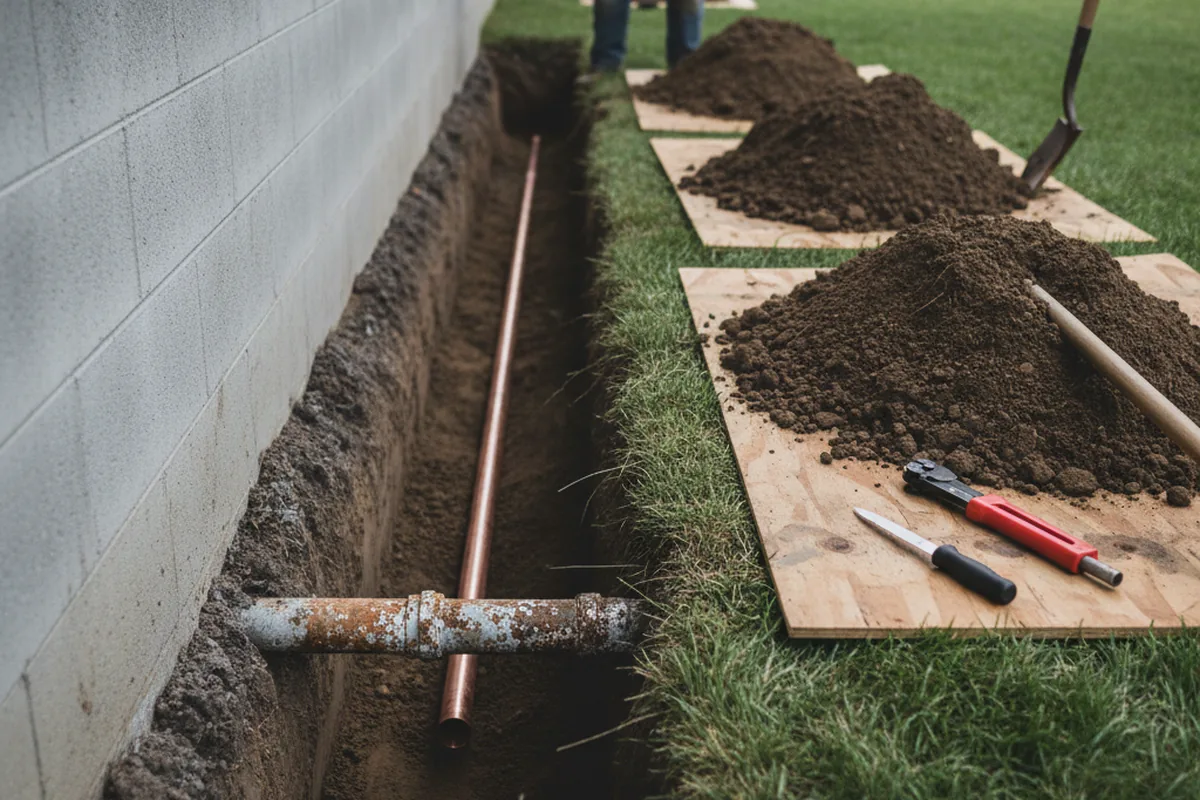 Excavated water line trench during Water Heater Repair in Swarthmore